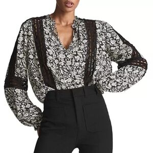Reiss Blouse Florence Black & Ivory Lace Trim Floral Long Balloon Sleeve Size 4